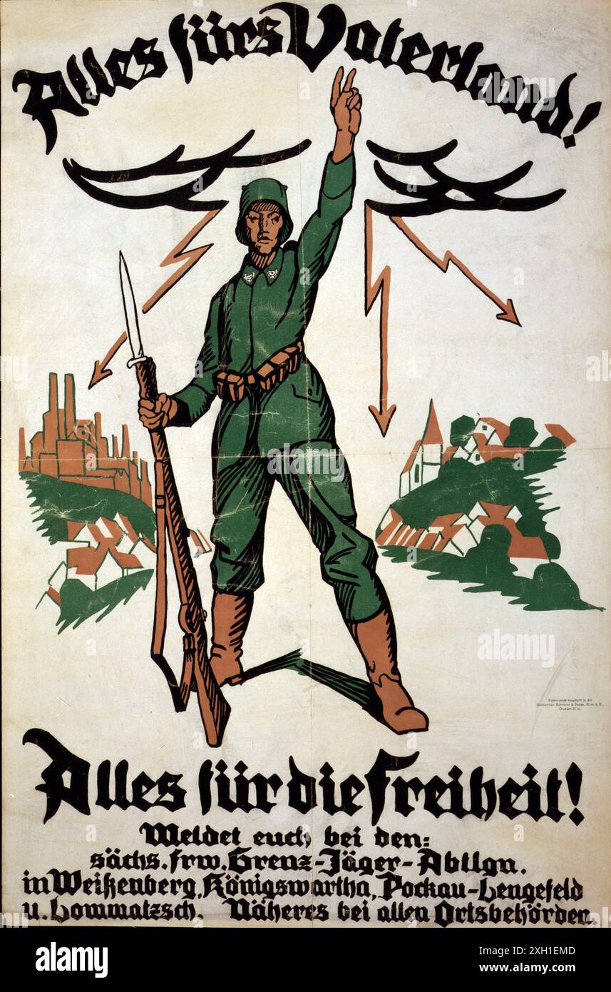 Alles fürs Vaterland! Alles für die Freiheit! - "Alles für das Vaterland, alles für die Freiheit", und beauftragt die Menschen für die Grenze Infanterie Bataillon zu registrieren. Plakat zeigt einen deutschen Soldaten mit Gewehr in der einen Hand und die andere in der "V"-Zeichen angehoben; im Hintergrund eine Fabrik und einer Stadt. Stockfoto