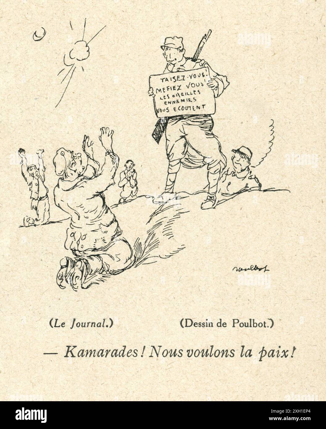 Zeichnung von Francisque Poulbot, veröffentlicht in der französischen Satire-Wochenzeitschrift „La Baionnette“ Nr. 28, am 13. Januar 1916. Sonderausgabe mit dem Titel "Taisez-vous! Méfiez-vous!" (Halt die Klappe! Vorsicht!). Stockfoto