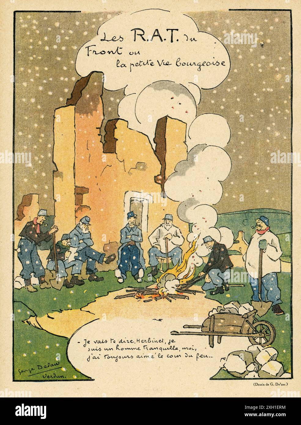 Zeichnung von Georges Delaw, veröffentlicht in der französischen Satire-Wochenzeitschrift „La Baionnette“ Nr. 30, am 27. Januar 1916. Sonderausgabe "Les Pépères" (Cushy). Stockfoto