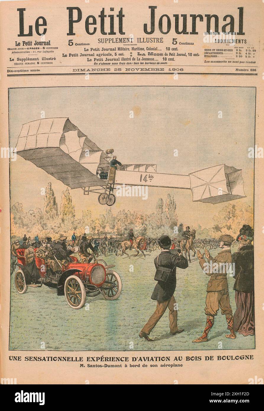 Le Petit Journal, illustrierte Beilage, Sonntag, 25. November 1906 Demonstration von Alberto Santos-Dumont in einem Flugzeug über dem Bois de Boulogne, 23. Oktober 1906 Stockfoto