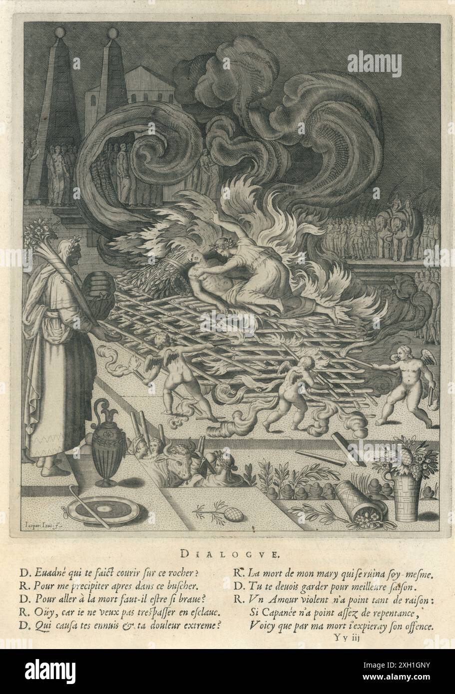 Evadné wirft sich auf den Scheiterhaufen ihres Mannes Capaneus, der von ...