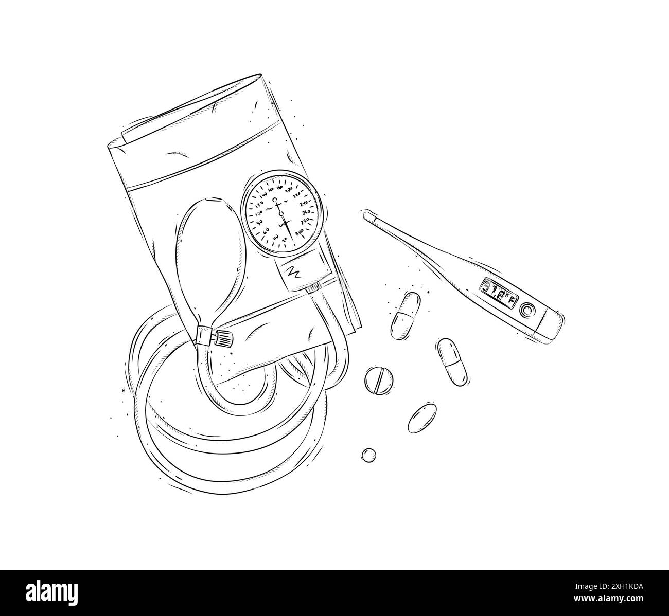 Druckmessgerät, elektronisches Thermometer und Pillen-Zusammensetzung für medizinische Zwecke Zeichnung in grafischer Form auf weißem Hintergrund Stock Vektor