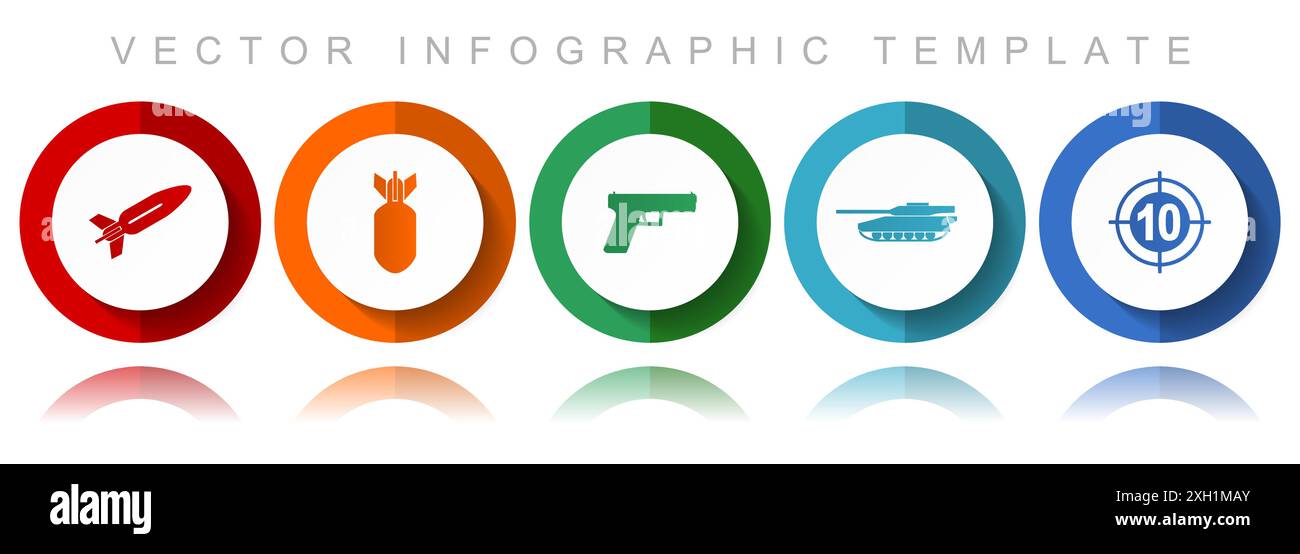 Sammlung von Kriegsvektorsymbolen, verschiedene Symbole wie Misle, Bombe, Pistole, Panzer und Ziel, flache Infografik-Vorlage in eps 10 Stock Vektor