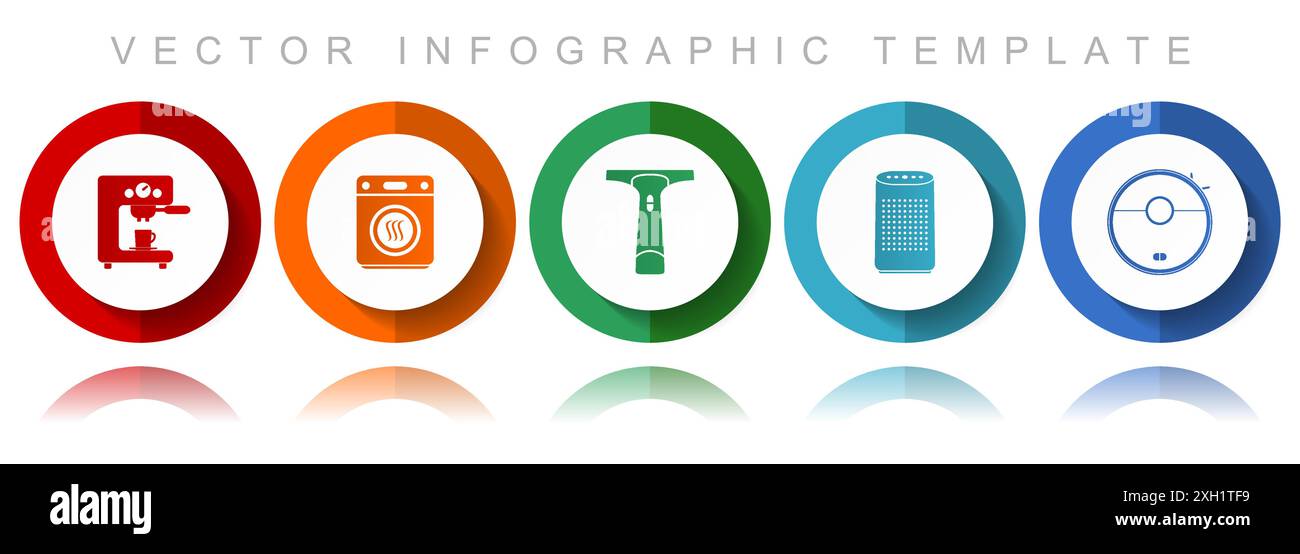 Vektorsymbole für Haushaltsgeräte, verschiedene Symbole wie Kaffeeautomat, Trockner, Fensterreiniger und Staubsauger, Infografik in flachem Design Stock Vektor