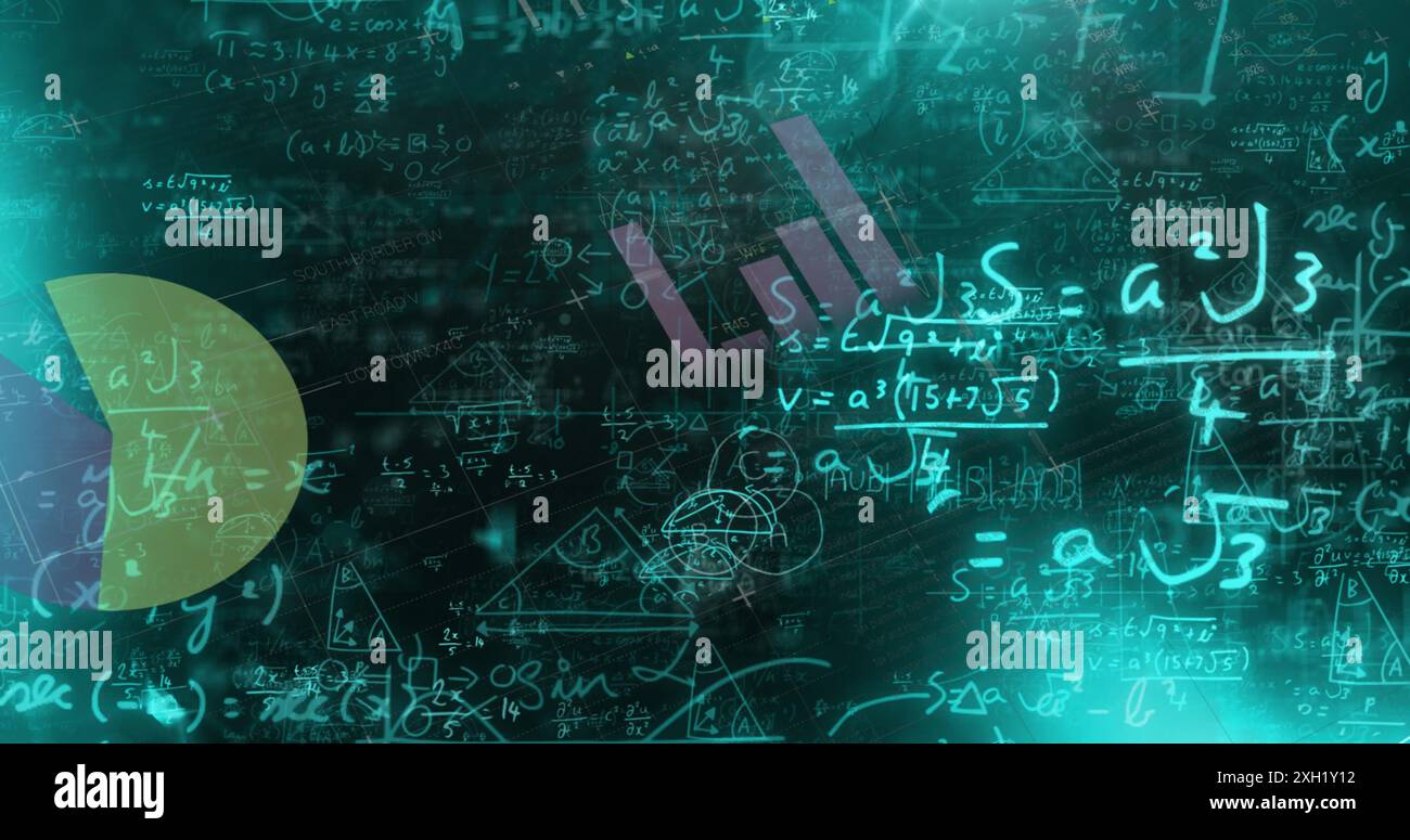 Bild von mathematischen Gleichungen, Datenverarbeitung und Statistik. Globales Business-, Finanz-, Computing- und Datenverarbeitungskonzept digital generiert i Stockfoto