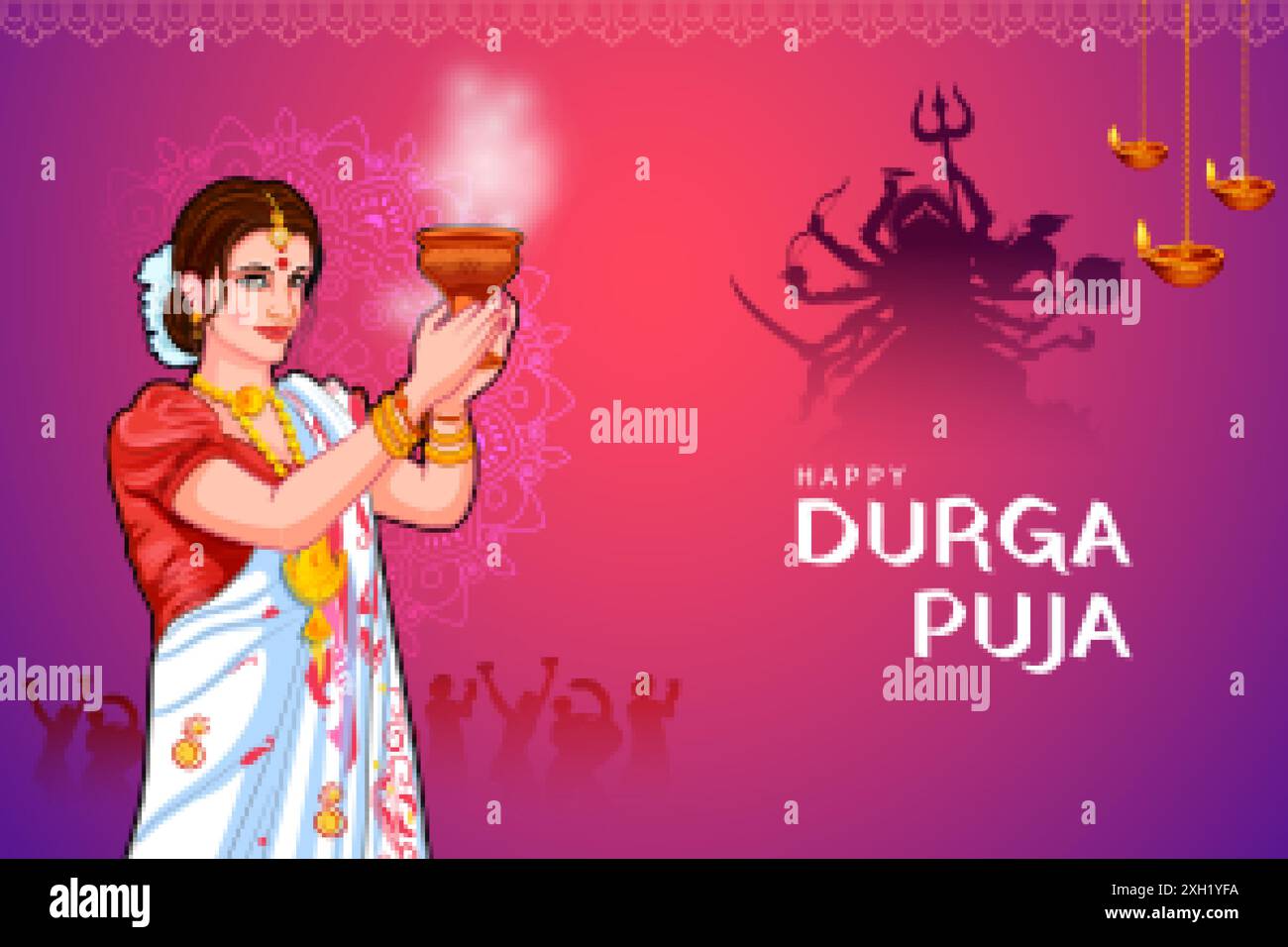 Illustration der Göttin Durga in Happy Durga Puja Subh Navratri indischer religiöser Hintergrund Design Stock Vektor