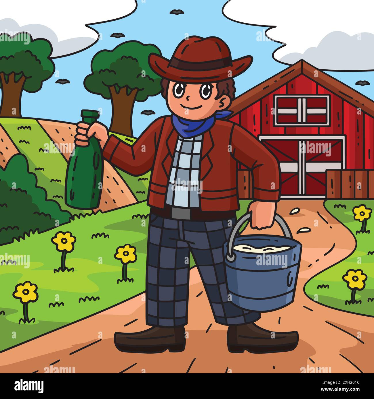 Cowboy mit Eimer Kuhmilch farbigen Cartoon Stock Vektor