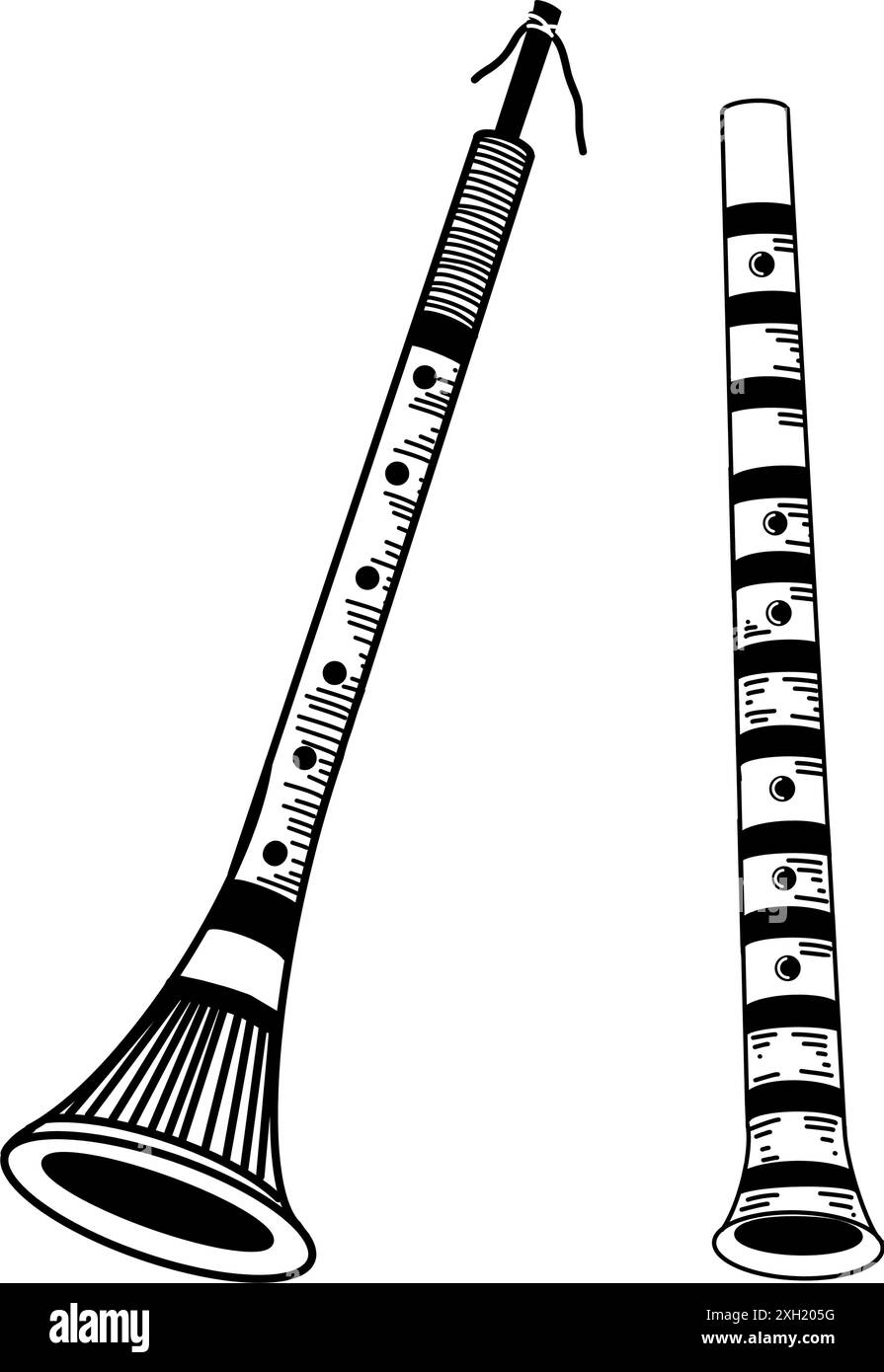 Blasinstrumente. Rohre und Flöten handgezeichnet in schwarzem Vektor. Volksmusikinstrumente. Geeignet zum Bedrucken von Karten, Einladungen, Postern. Interna Stock Vektor