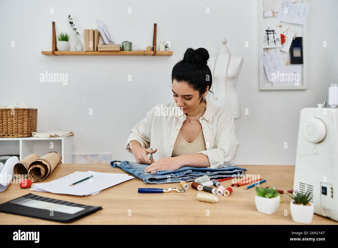 Junge Frau bringt Kleidung am Tisch in kreatives Öko-Konzept auf. Stockfoto