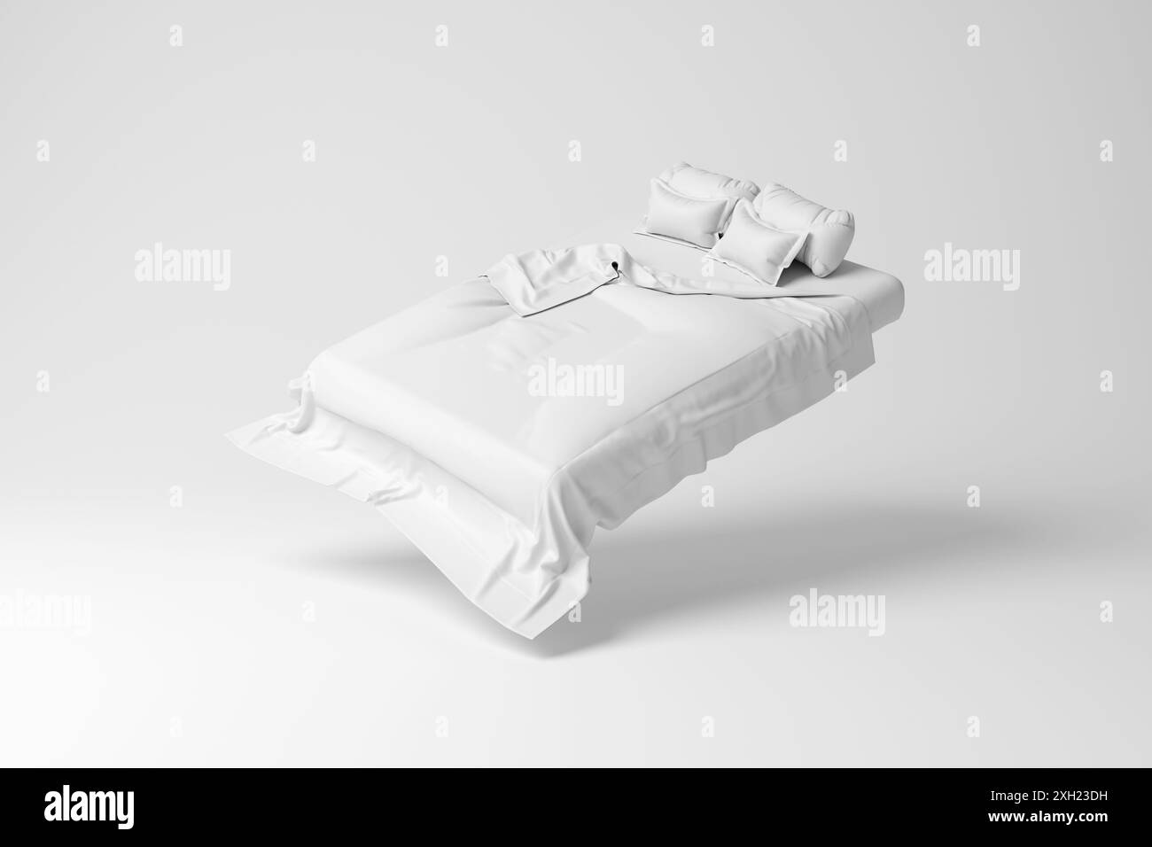 Weißes Doppelbett, das in der Luft schwebt, auf weißem Hintergrund in Monochrom und Minimalismus. Illustration des Konzepts von Schlaf, Schlafzimmern und Möbeln Stockfoto