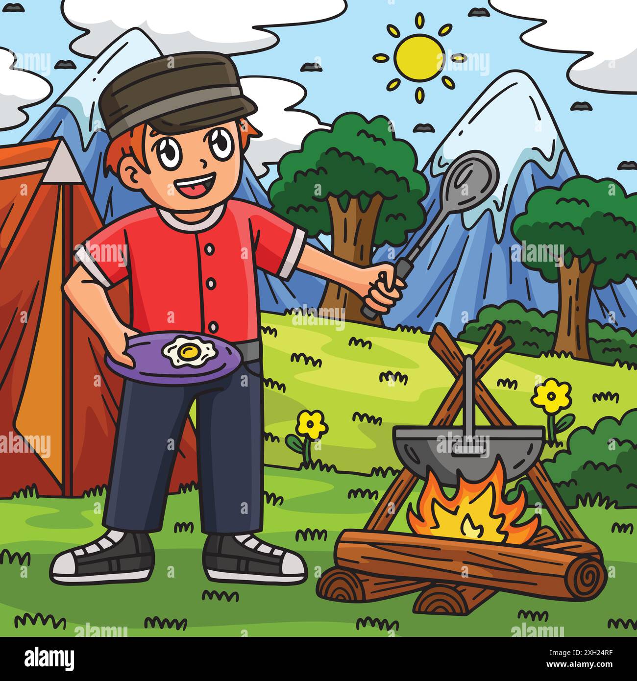 Camping Camper Boy Cooking Colour Cartoon Stock Vektor