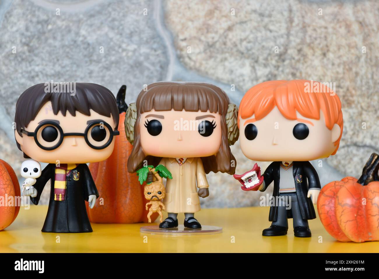 Funko Pop Vinyl Actionfiguren von Harry Potter, Hermine Granger und Ron Weasley. Steinmauer, Kürbisdekor, gelber Boden, magisch, Hogwarts. Stockfoto