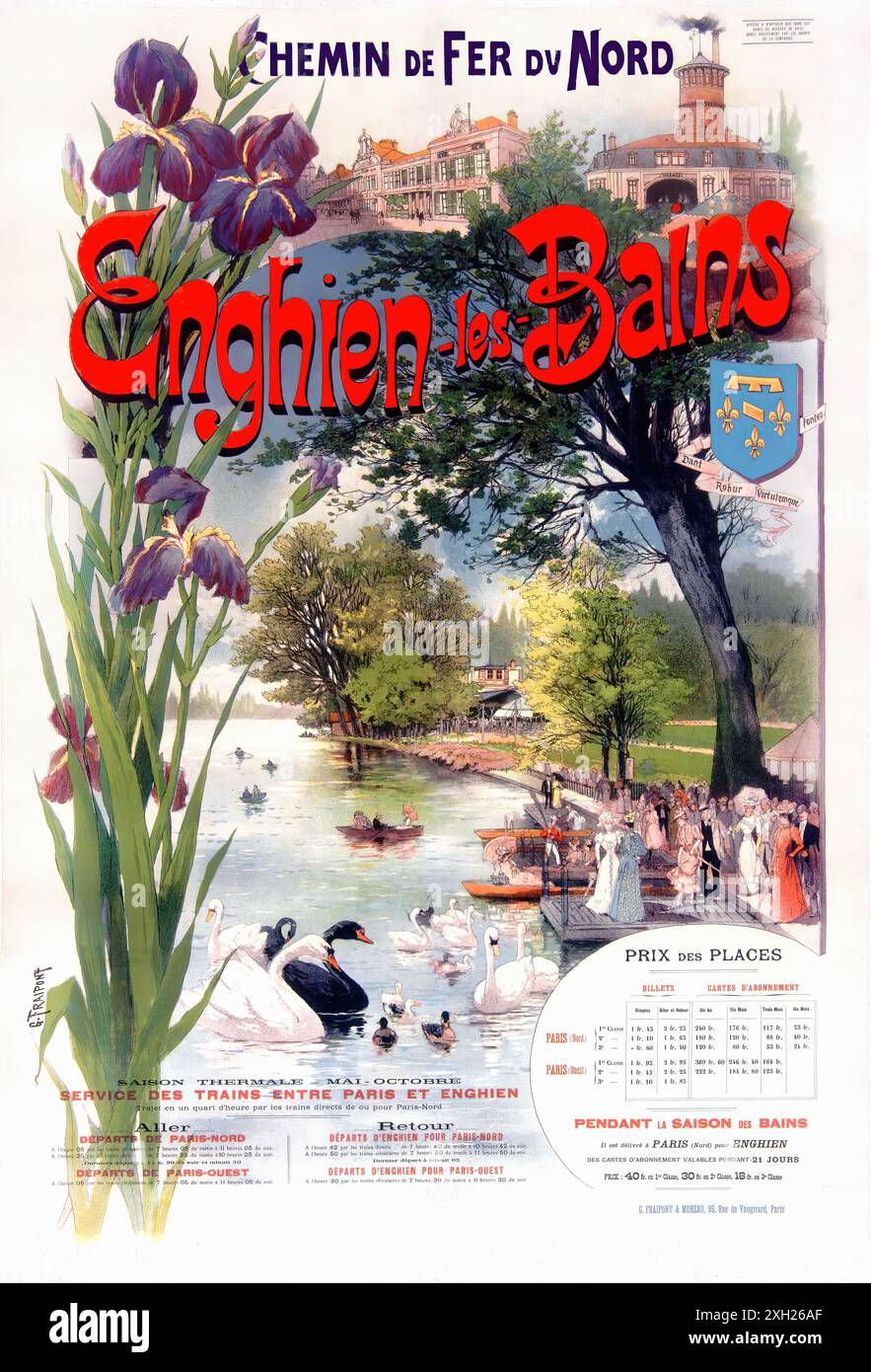 Vintage-Reiseplakat - FRAIPONT Gustave - Chemin de fer du Nord. Enghien-les-Bains, Val-d'Oise, 1890. Stockfoto