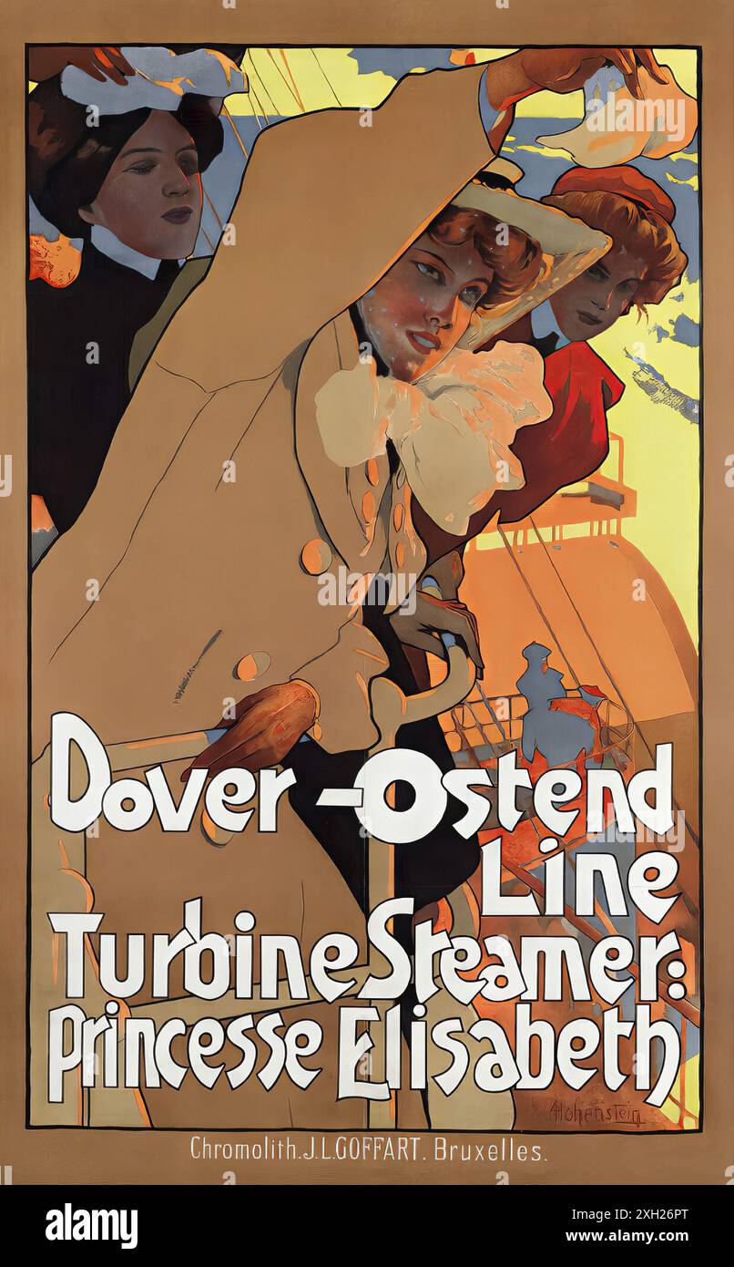 Vintage-Reiseplakat - HOHENSTEIN Adolfo - Dover-Ostend Linie, um 1900er Jahre Stockfoto