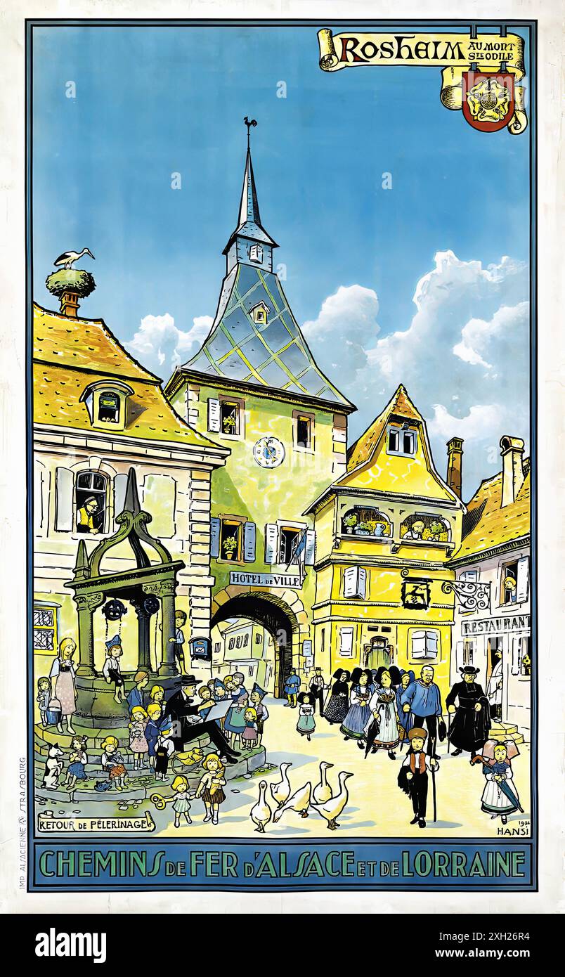 Vintage-Reiseplakat - HANSI (Jean Jacques WALTZ) - Rosheim au Mont Ste. Odile, 1930. Stockfoto