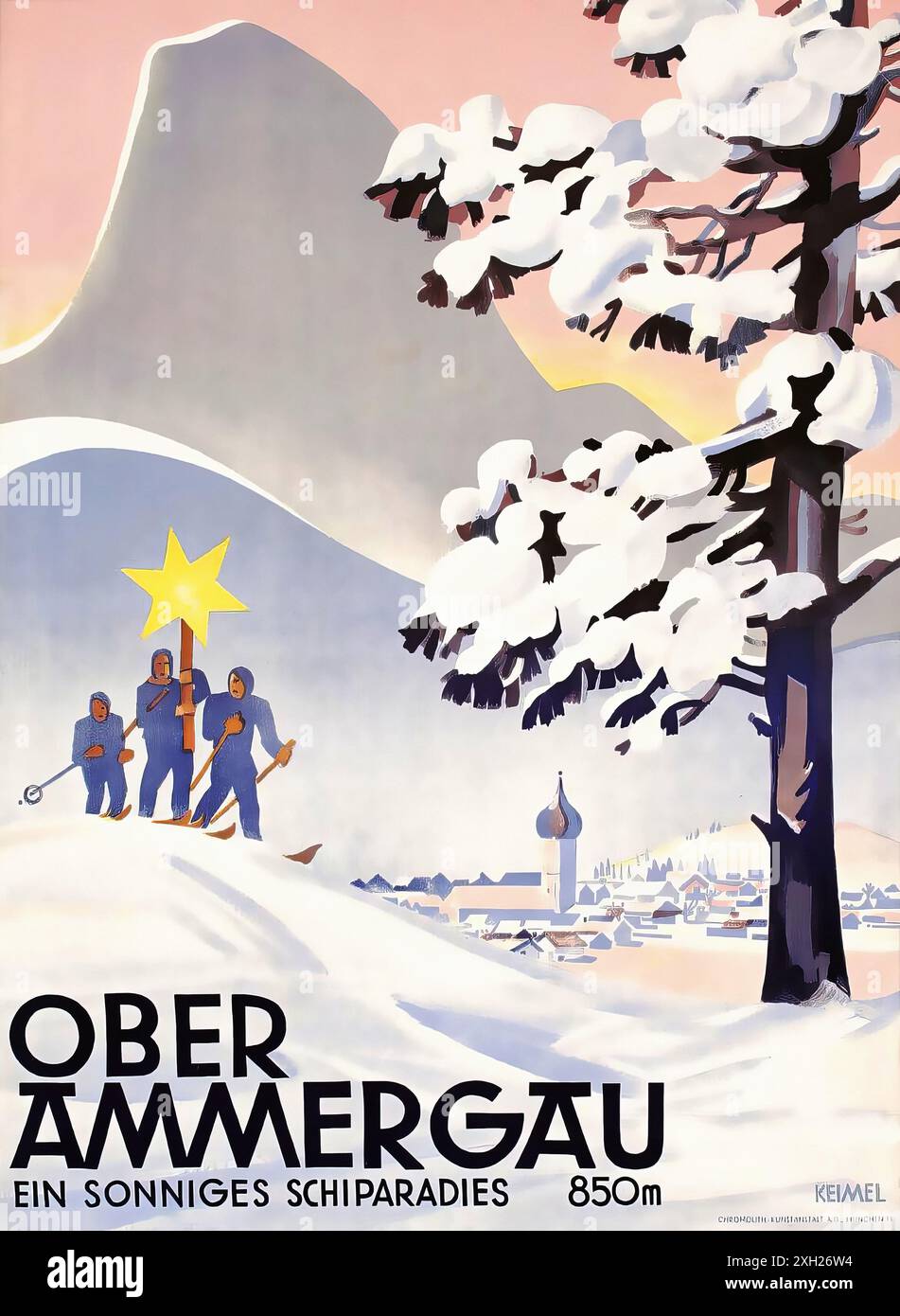 Vintage-Reiseplakat - KEIMEL Hermann - Oberammergau, ein sonniges Schiparadies, um 1935 Stockfoto