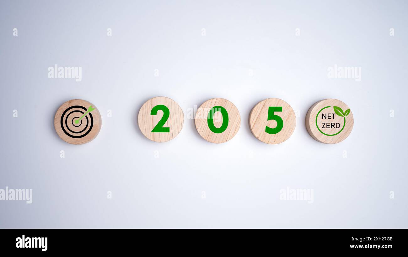 NET Zero by 2050, Circle Wood Planank mit Text 2050 und Dartbrett auf weißem Hintergrund, CO2-neutral, Net Zero Greenhouse Gas Emission Target, Clim Stockfoto