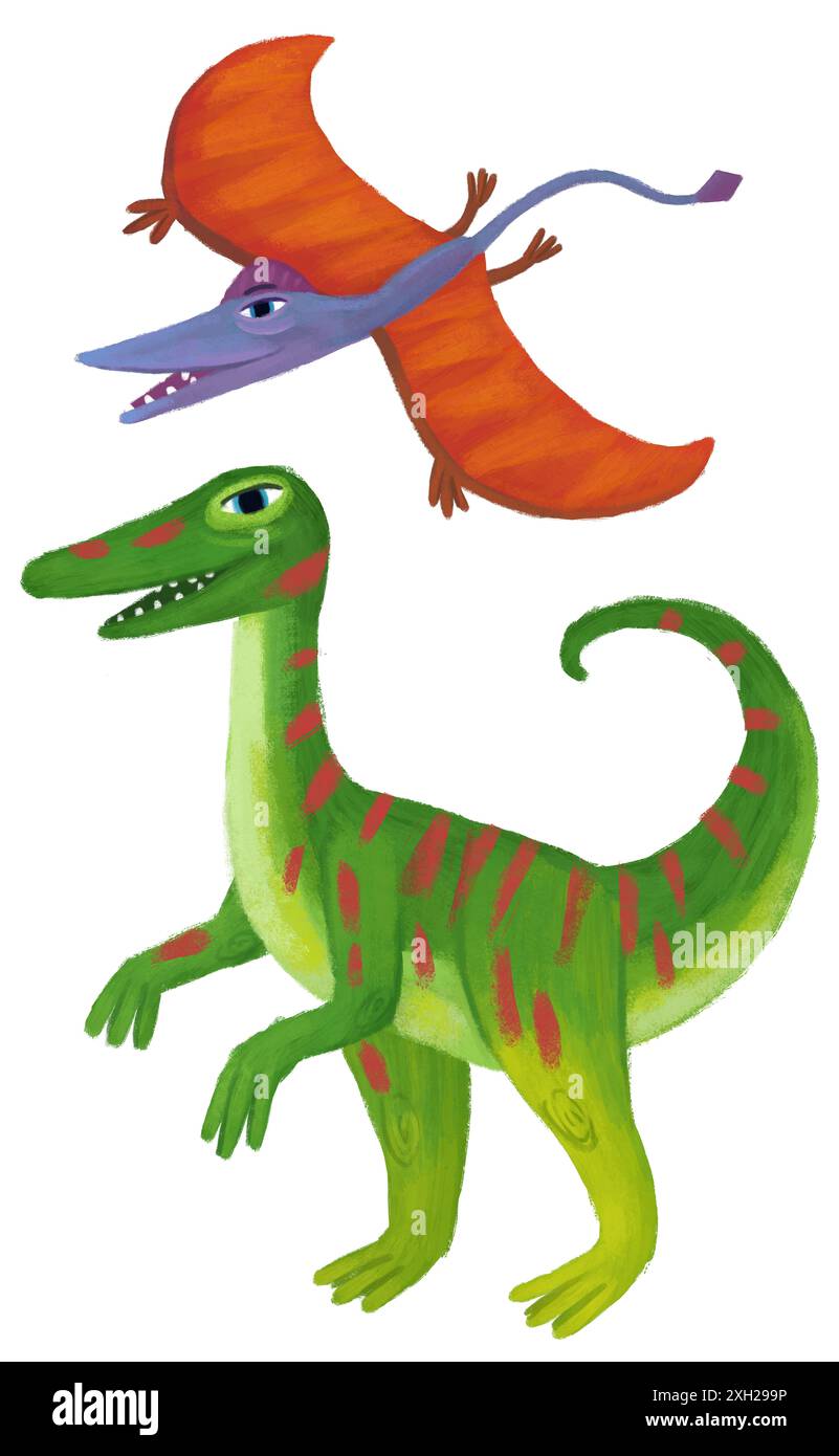 Comic glückliche und lustige bunte prähistorische Dinosaurier Dino gallimimus und quetzalcoatlus pterodactyl Vogel Rhamphorhynchus Flyingisolierte Illustration Stockfoto