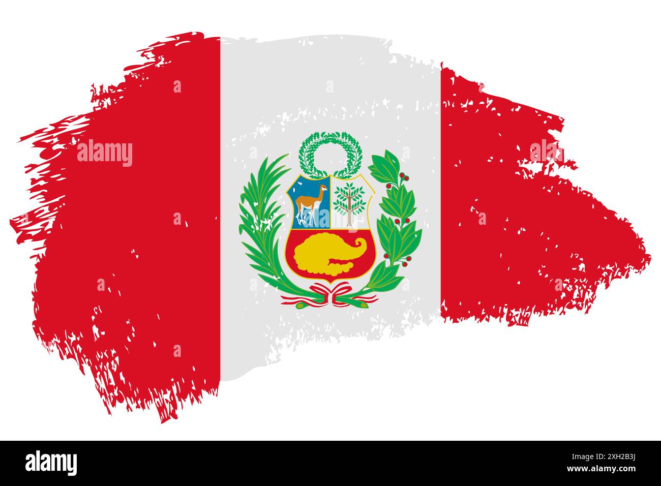 Hintergrund der Flagge mit Pinselstrich in Peru. Handgezeichnetes peruanisch gemaltes, isoliertes Banner im Grunge-Stil. Stockfoto