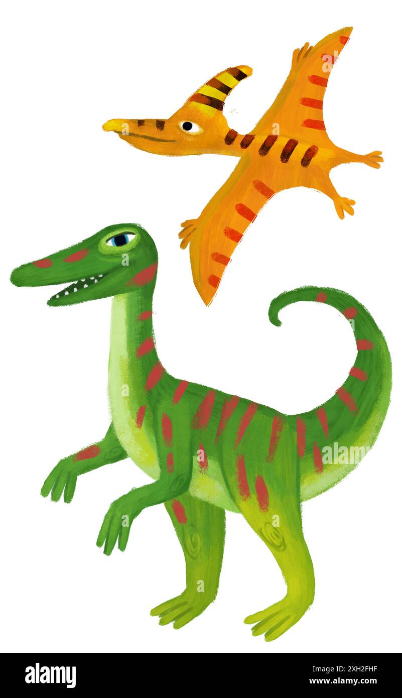 Cartoon glückliche und lustige bunte prähistorische Dinosaurier Dino gallimimus und quetzalcoatlus pterodactyl Vogel fliegen isolierte Illustration für Kinder Stockfoto