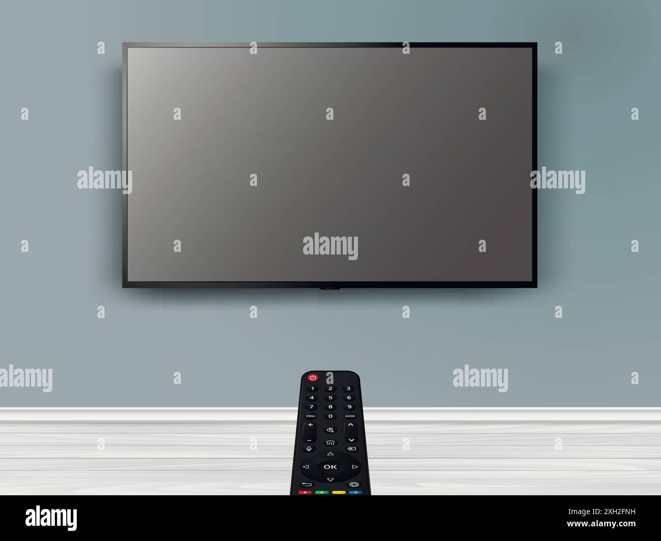 Online-Fernsehen mit Fernbedienung. Die Fernbedienung ist auf den modernen Flachbildfernseher an der Wand gerichtet. Vektorabbildung. Stock Vektor