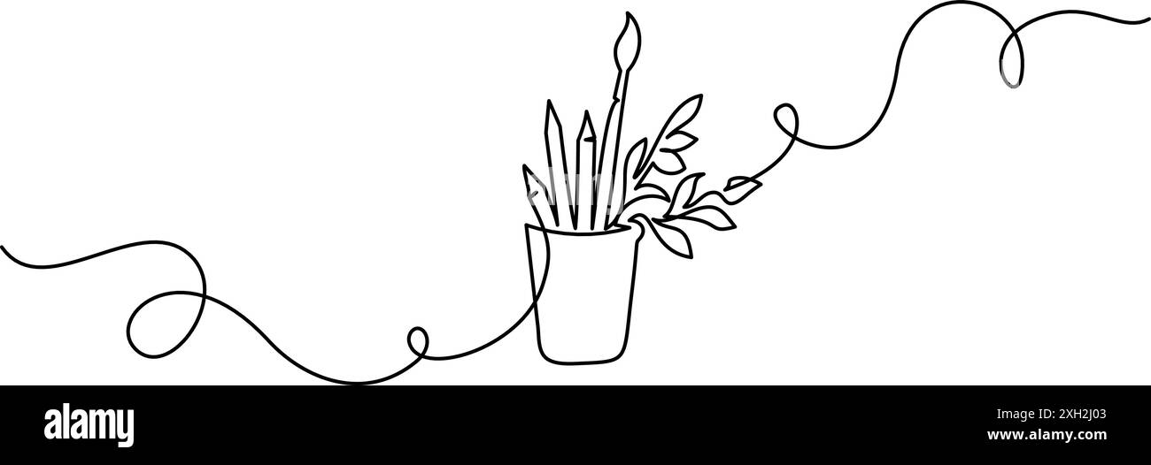 Bleistifte und Pinsel in einem Glas. Durchgehende einzeilige Zeichnung Stock Vektor