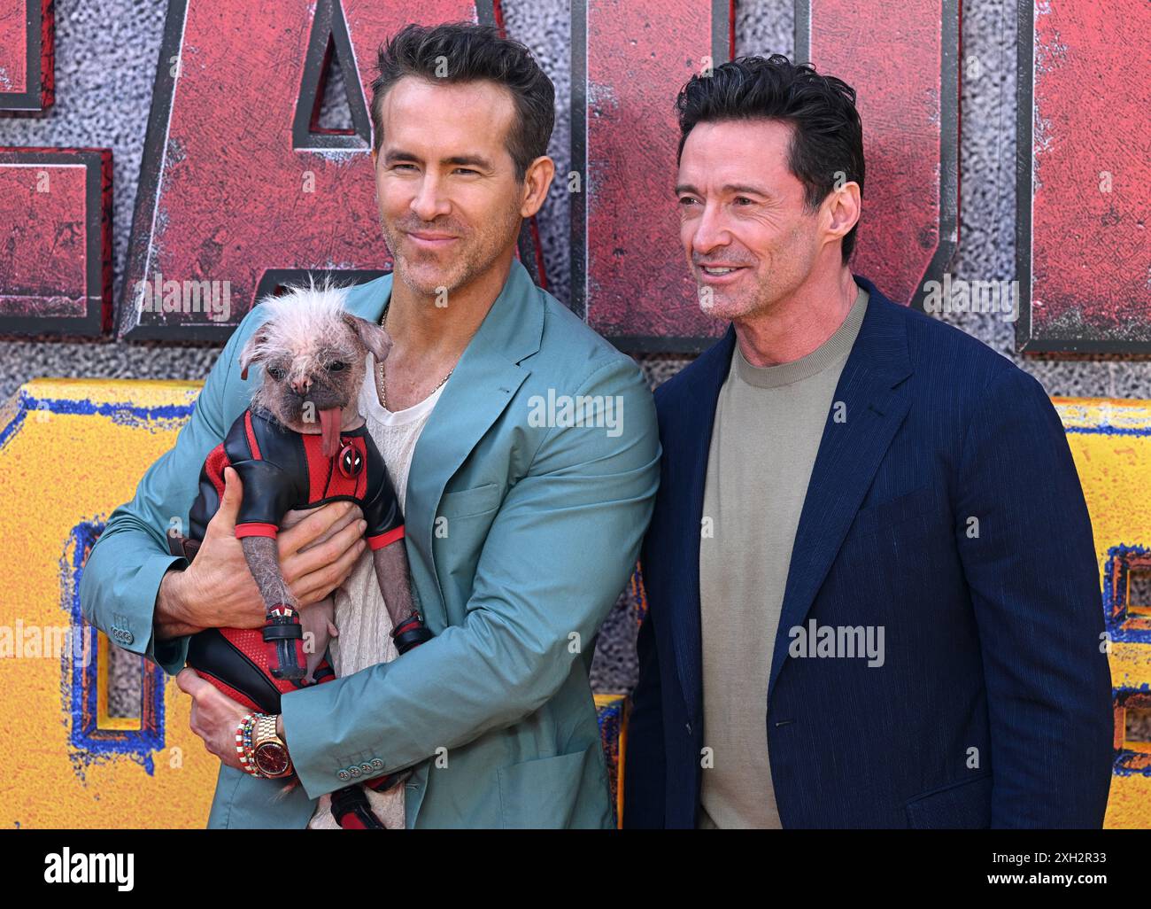 London, Großbritannien. Juli 2024. Hugh Jackman, Ryan Reynolds und Peggy aka Dogpool kommen beim Deadpool & Wolverine UK Sneak Peek Event, Hammersmith Eventim Apollo an. Quelle: Doug Peters/EMPICS/Alamy Live News Stockfoto