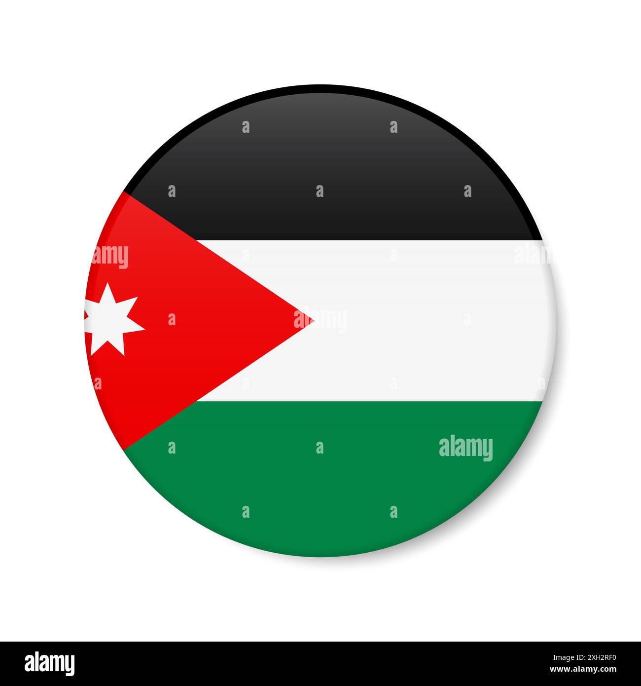 Jordan Circle Button-Symbol. Haschemitisches Königreich Jordanien runde Abzeichen-Flagge mit Schatten. Realistische 3D-Illustration isoliert auf weiß. Stockfoto