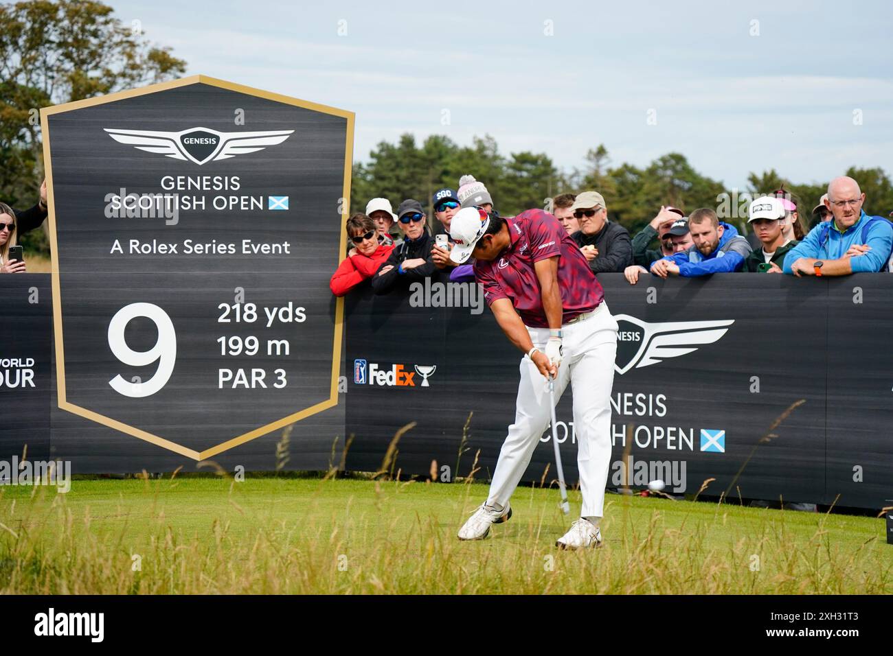 North Berwick, Schottland, Großbritannien. Juli 2024. Tag eins bei den Genesis Scottish Open, die heute bis 14. Juli auf dem Renaissance-Kurs außerhalb von North Berwick in East Lothian beginnen. PIC; Hideki Matsuyama T-Stück hat 9. Loch geschossen. Iain Masterton/Alamy Live News Stockfoto