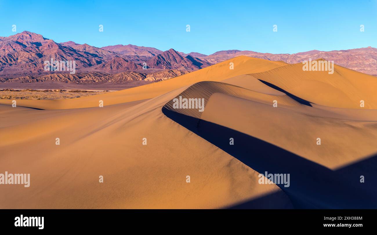 Sonnenuntergang in den Sanddünen - Blick auf die glatten und kurvigen Sanddünen vor den zerklüfteten lila Bergen bei Sonnenuntergang im Frühling. Death Valley National Park, CA. Stockfoto