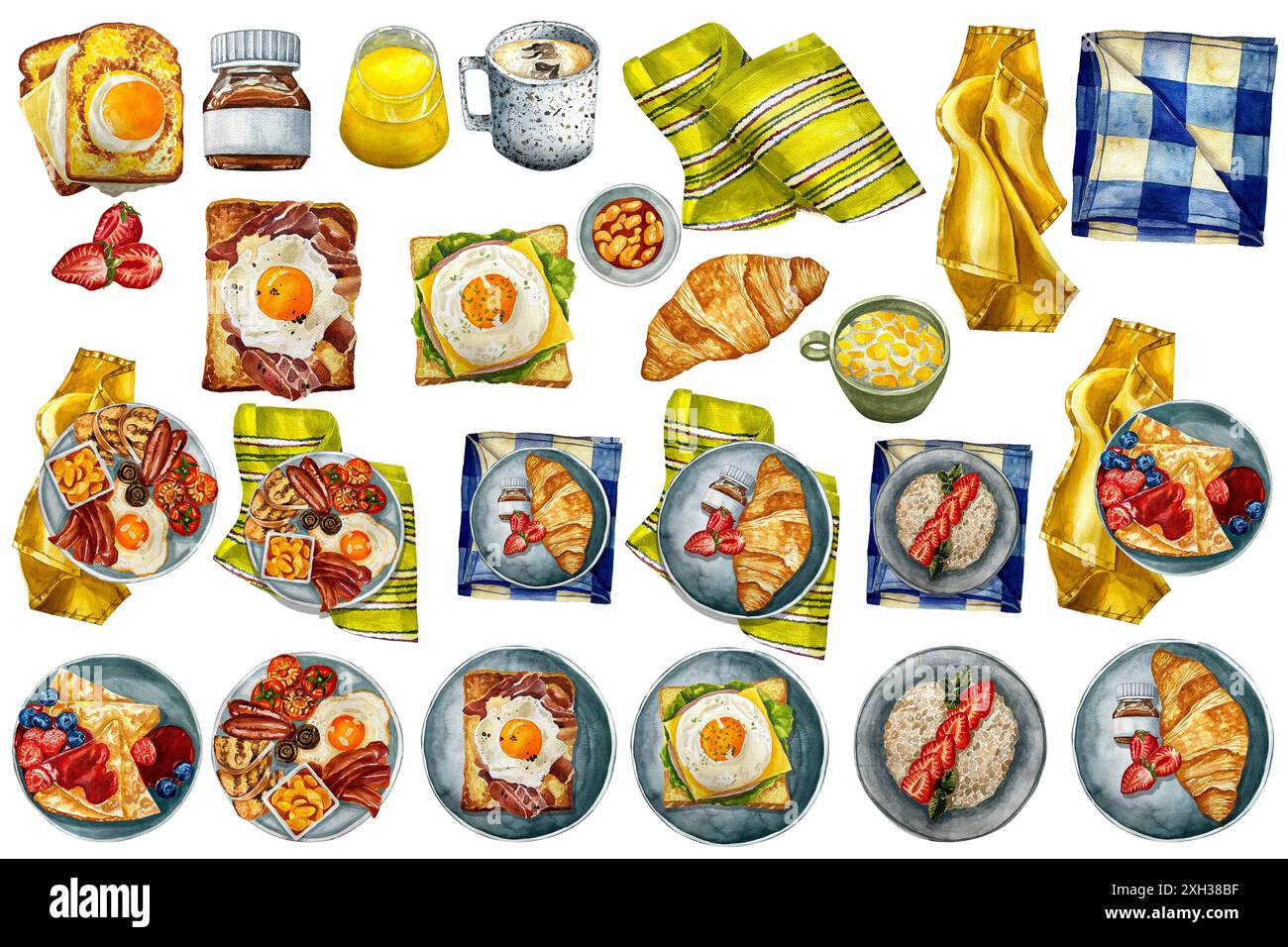 Aquarell handgezeichnete Frühstückspublistration. Traditionelles englisches Frühstück mit Spiegeleiern, Becon-Stücken, frischen Peshons und Bohnen in der Soße. Stockfoto