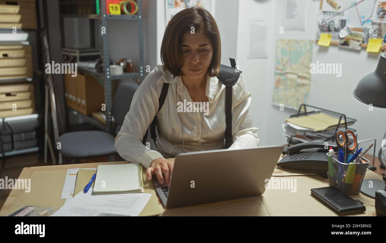 Die reife hispanische Frau arbeitet am Laptop in einem überladenen Detektivbüro im Innenbereich. Stockfoto