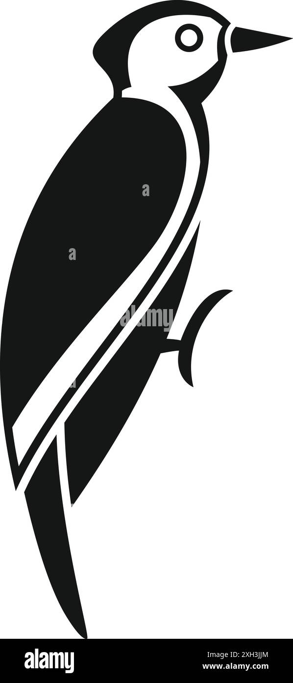 Stilisiertes Schwarz-weiß-Symbol eines Spechts, der auf einem Ast thront Stock Vektor