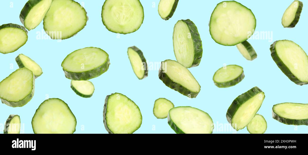 Frische Gurkenscheiben in der Luft auf hellblauem Hintergrund. Bannerdesign Stockfoto