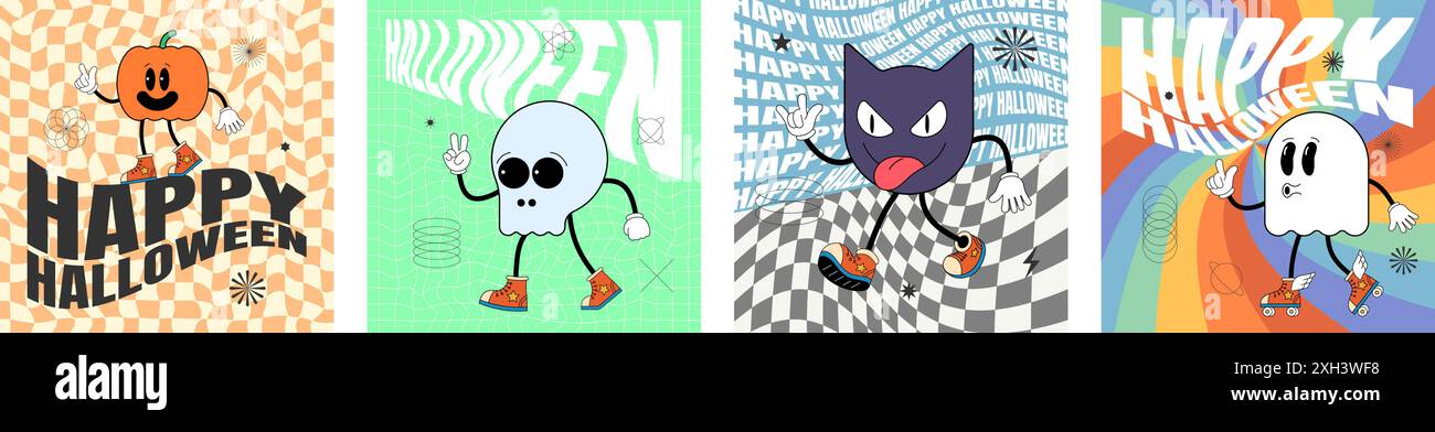 Retro groovige Happy Halloween Party Art quadratisches Banner Set. Gruselige Kürbis-, Schädel-, Fledermaus- und Geisterfiguren auf verrücktem Hippie-Print. Abstrakter Flyer im psychedelischen Hippie-Stil. Trendiges y2k-Pop-Design Stock Vektor