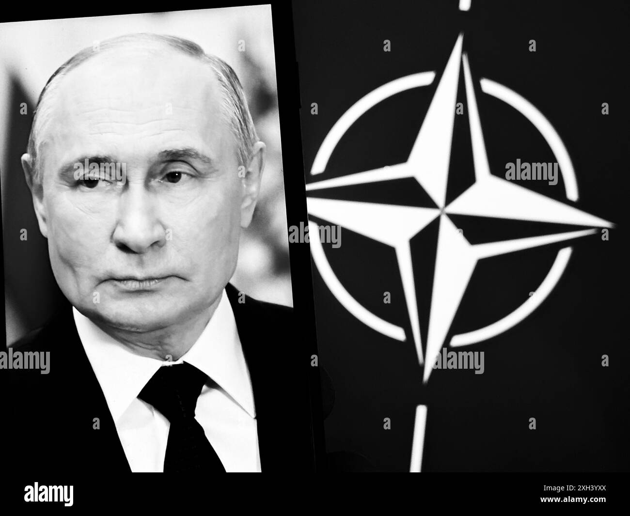 11. Juli 2024, Washington DC, District of Columbia, Vereinigte Staaten von Amerika: Der NATO-Kompass stieg im Hintergrund mit einem offiziellen Kreml-Porträt des russischen Präsidenten Wladimir Putin, während der US-Präsidentschaftswahlen 2024. (Bild CC4.0 aus dem Jahr Kremlin.ru).NATO unter der Leitung von Generalsekretär Jens Stoltenberg hat sich derzeit mit einer Reihe komplexer Themen auseinandergesetzt. Der anhaltende Konflikt in der Ukraine stellt eine große Herausforderung dar, die die Mitgliedsstaaten dazu zwingt, ihre kollektive Verteidigung und Unterstützung für die Ukraine zu verstärken und gleichzeitig eine direkte Konfrontation mit Russland zu vermeiden. Zusätzlich wird der Anstieg o Stockfoto