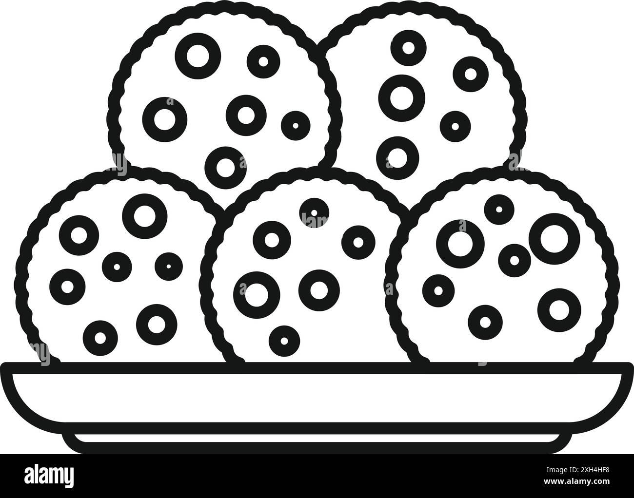 Fünf Schokoladen-Chip-Kekse liegen auf einem Teller und warten darauf, gegessen zu werden Stock Vektor