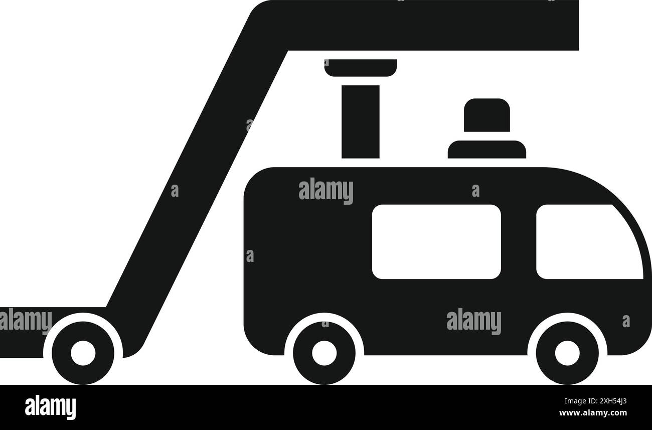 Schwarzes Silhouettensymbol für die Einstiegsstufen am Flughafen, die mit einem Passagierbus zum ein- oder Aussteigen verbunden sind Stock Vektor