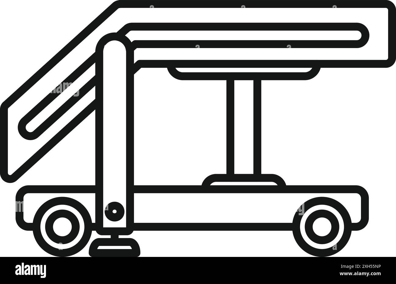 Linienzeichnung der Eingangstreppe für Flughafenpassagiere mit einem Vordach, das auf dem Boden steht und auf die Ankunft des Flugzeugs am Gate wartet Stock Vektor