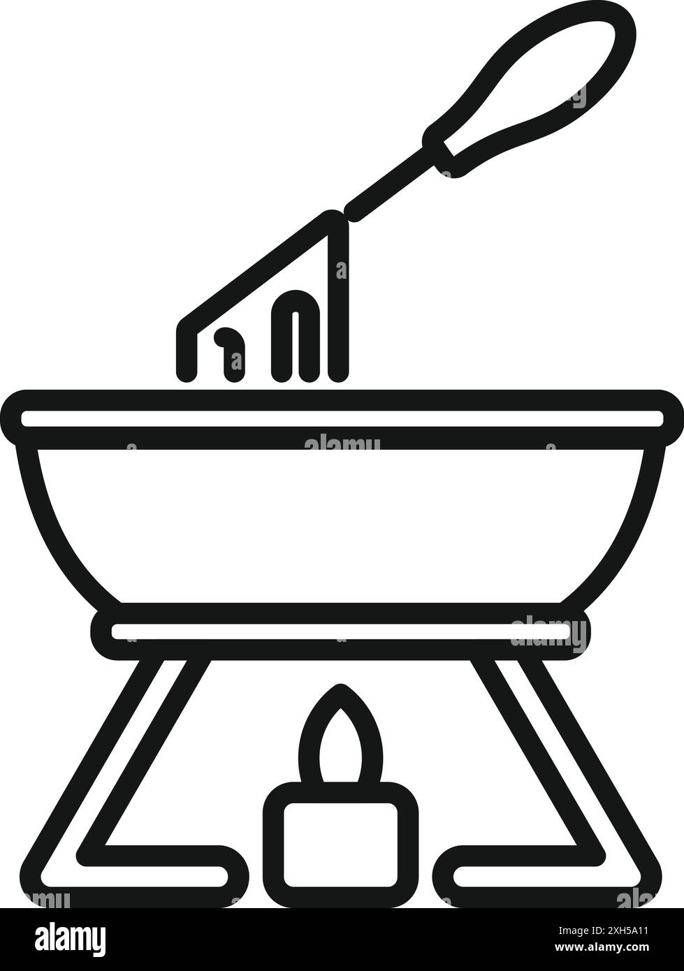 Linienzeichnung eines Fonduetopfens, der auf einer brennenden Kerze erhitzt und eine köstliche Mahlzeit zubereitet Stock Vektor