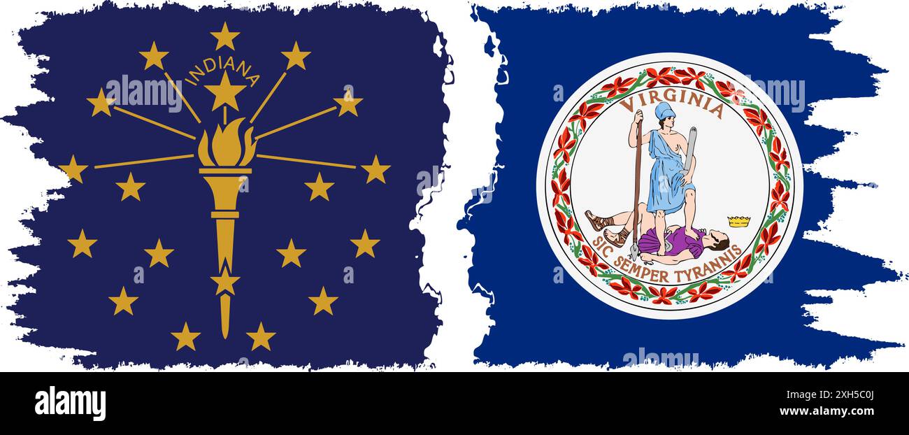 Virginia und Indiana state Grunge Pinsel Flags Verbindung, Vektor Stock Vektor