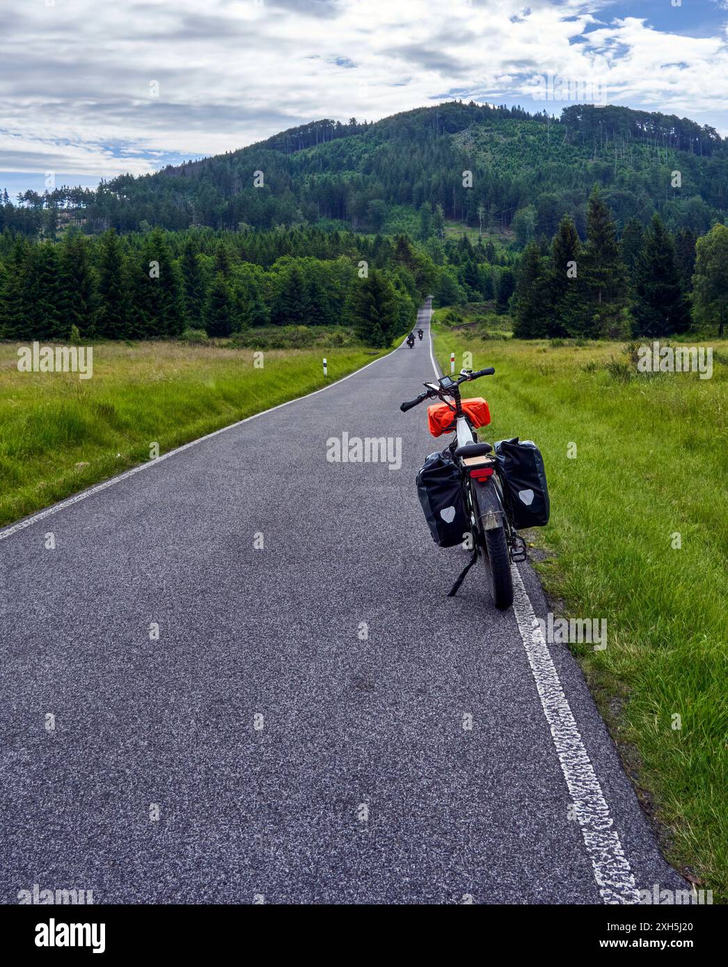 Gerade Landstraße, die mit einem fetten Fahrrad zu einem Berg am Horizont führt Stockfoto