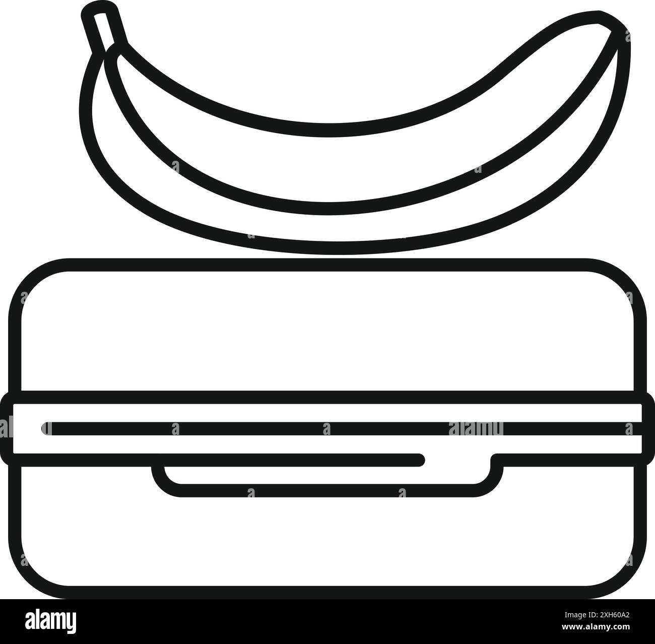 Linienzeichnung einer Banane, die auf einer geschlossenen Lunchbox liegt und einen gesunden Schulsnack oder eine Mittagspause darstellt Stock Vektor