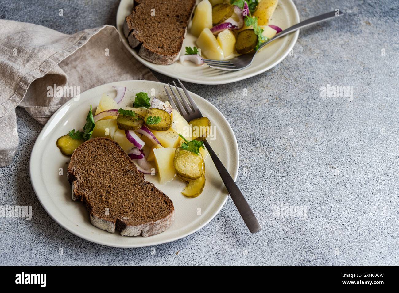 Kartoffelsalat mit roten Zwiebeln und fermentierten Cucmber auf dem Betontisch Stockfoto