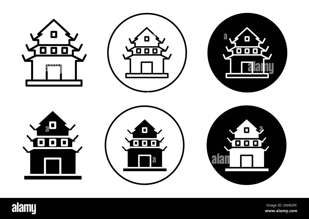 buddhistische Tempel Icon Vektor Symbol oder Schild Set Sammlung in schwarz-weiß Umriss Stock Vektor