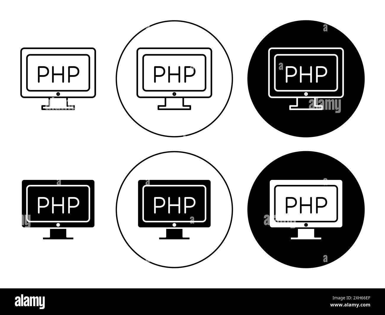 php-Symbol Vektorsymbol oder Zeichensatzsammlung in Schwarzweiß-Umrandung Stock Vektor