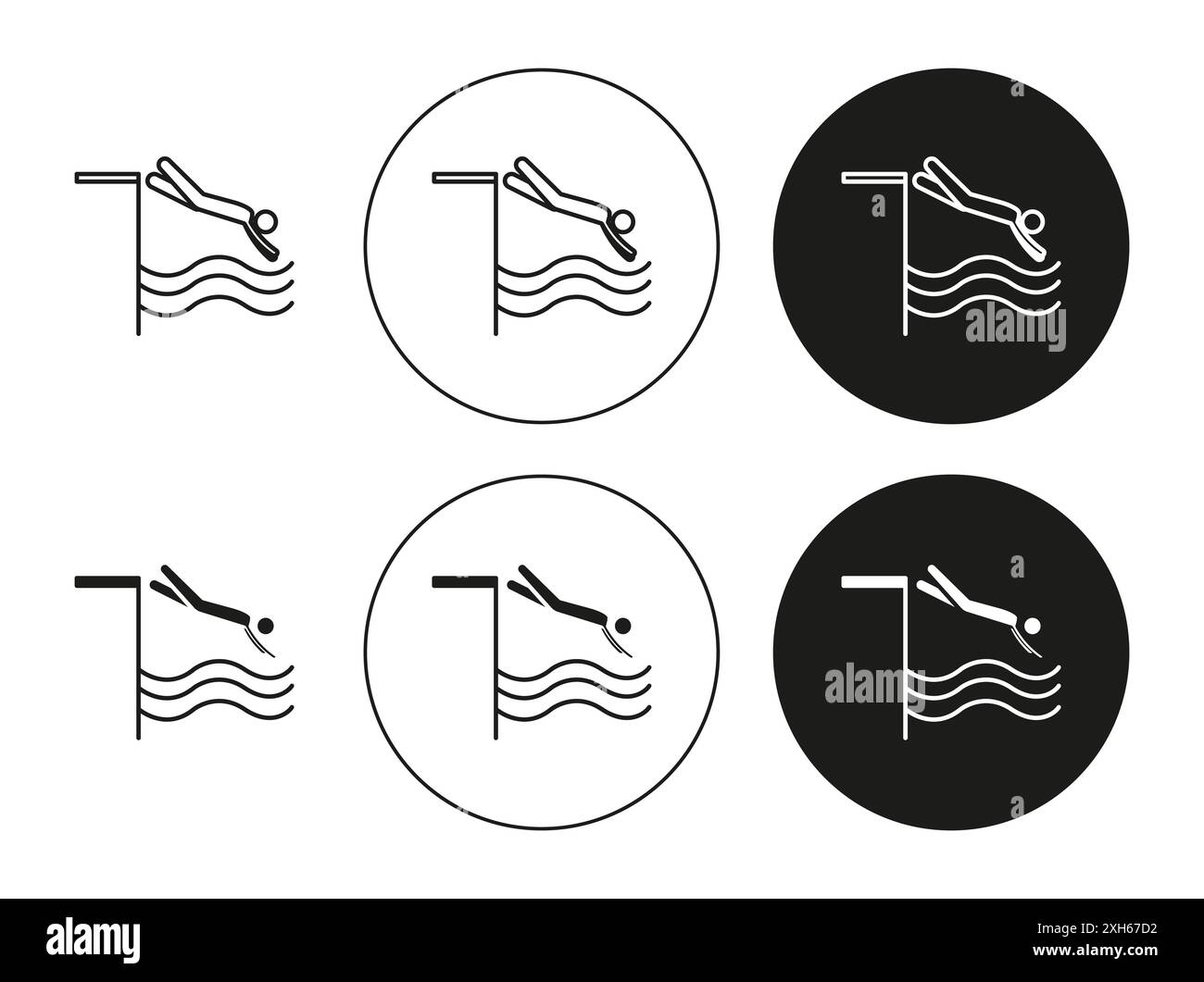 Swimmer Jumping Icon Vector Symbol oder Zeichensatz Kollektion in Schwarz-weiß-Kontur Stock Vektor