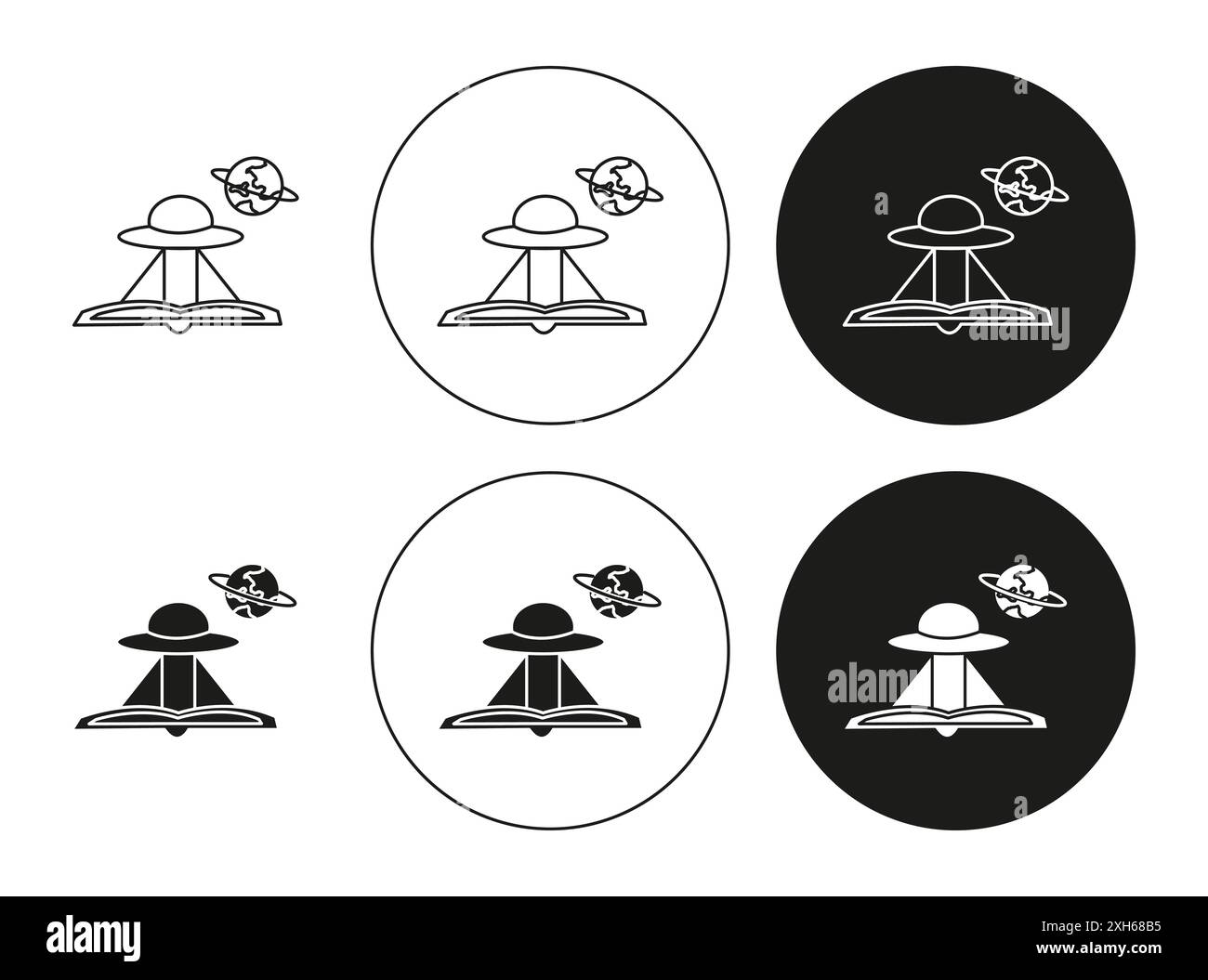 Science-Fiction-Symbol Vektorsymbol oder Zeichensatzkollektion in Schwarz-weiß-Umrandung Stock Vektor