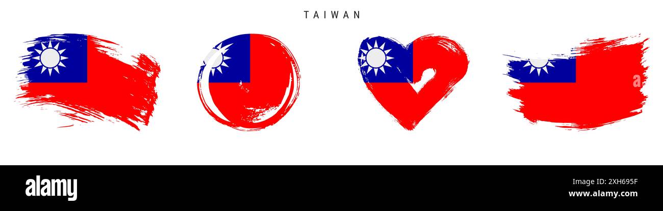 Taiwan Hand gezeichnet Grunge Stil Flag Symbol Set. Taiwanesisches Banner in offiziellen Farben. Freier Pinsel, Kontur, Kreis- und Herzform. Flache Abbildung Stockfoto