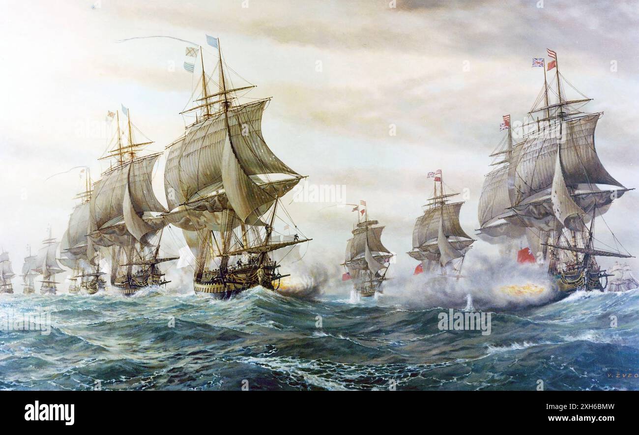 SCHLACHT AM CHESAPEAKE, auch bekannt als Schlacht von Virginia Capes, 5. September 1781. Britisches Schiff rechts feuert auf französischer Linie. Stockfoto